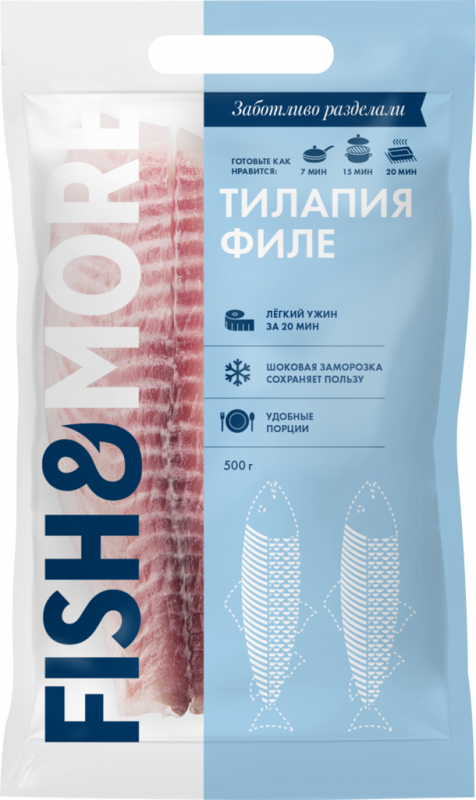 Тилапия замороженная FISH & MORE филе без кожи, 500г