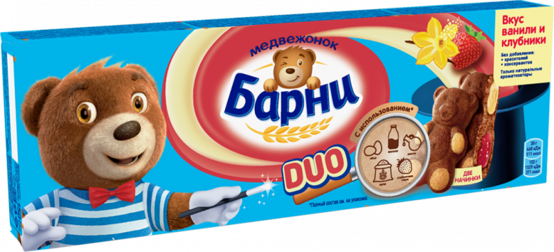 Пирожное бисквитное МЕДВЕЖОНОК БАРНИ Duo с клубничной и ванильной начинками, 150г Пирожное бисквитное МЕДВЕЖОНОК БАРНИ Duo с клубничной и ванильной начинками, 150г