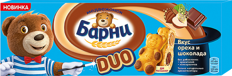 Пирожное бисквитное МЕДВЕЖОНОК БАРНИ Duo с ореховой и шоколадной начинками, 150г