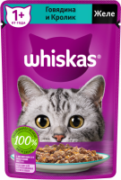 Корм консервированный для взрослых кошек WHISKAS желе с говядиной и кроликом, 75г