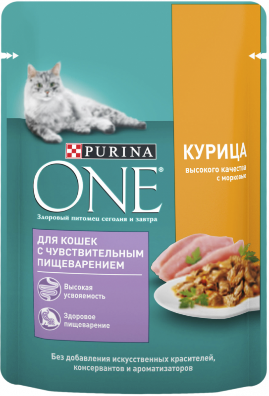 Корм консервированный для взрослых кошек PURINA ONE с курицей и морковью, с чувствительным пищеварением, 75г