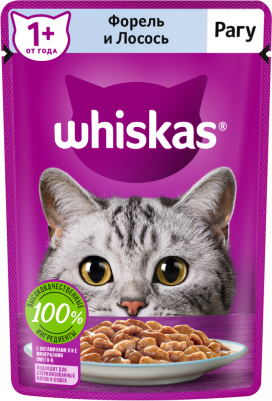 Корм консервированный для взрослых кошек WHISKAS рагу с форелью и лососем, 75г Корм консервированный для взрослых кошек WHISKAS рагу с форелью и лососем, 75г