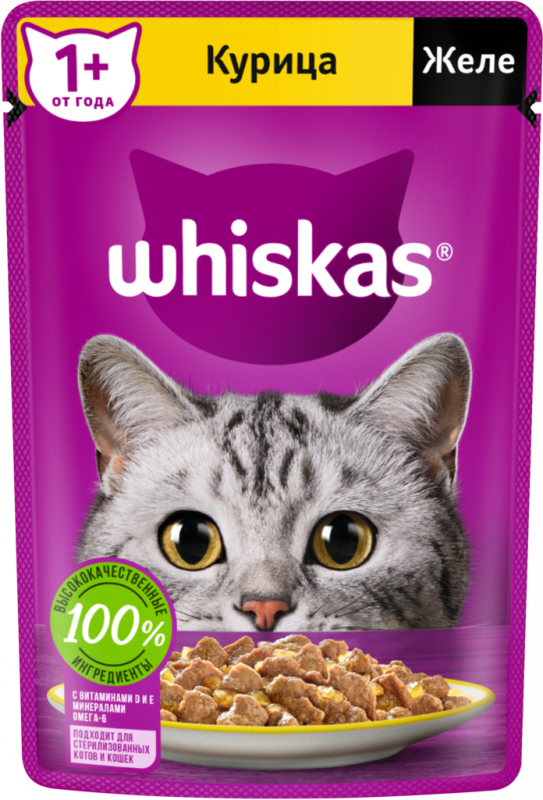 Корм консервированный для взрослых кошек WHISKAS желе с курицей, 75г Корм консервированный для взрослых кошек WHISKAS желе с курицей, 75г