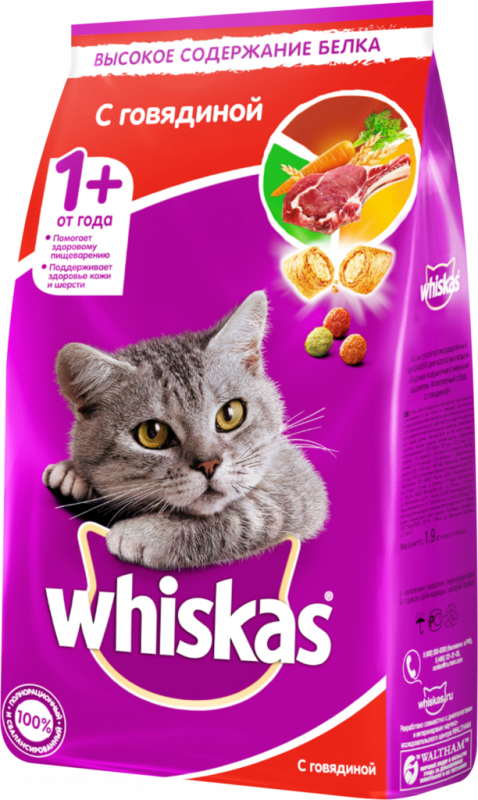 Корм сухой для взрослых кошек WHISKAS Подушечки с говяжьим паштетом, 1,9кг