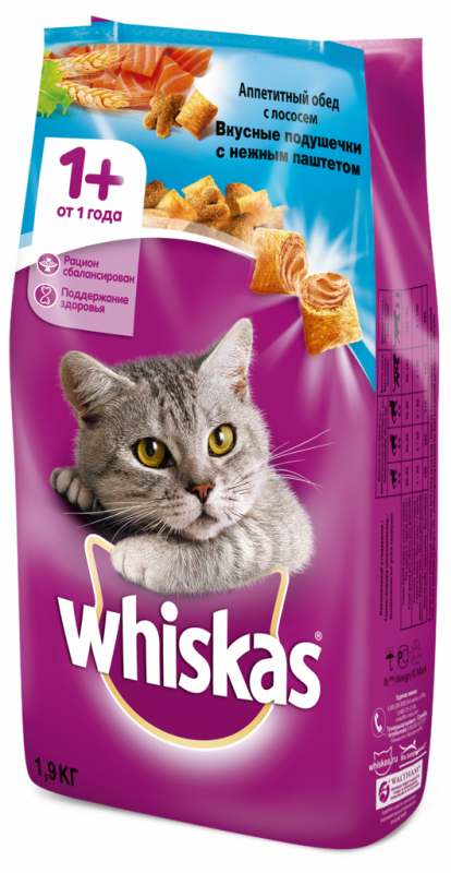 Корм сухой для взрослых кошек WHISKAS Вкусные подушечки с нежным паштетом, Аппетитный обед с лососем, 1,9кг Корм сухой для взрослых кошек WHISKAS Вкусные подушечки с нежным паштетом, Аппетитный обед с лососем, 1,9кг