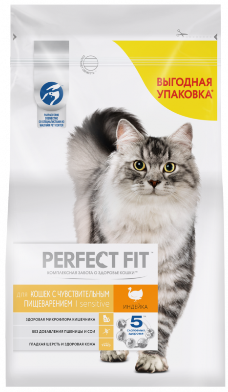 Корм сухой для взрослых кошек PERFECT FIT с индейкой, с чувствительным пищеварением, полнорационный, 2,5кг