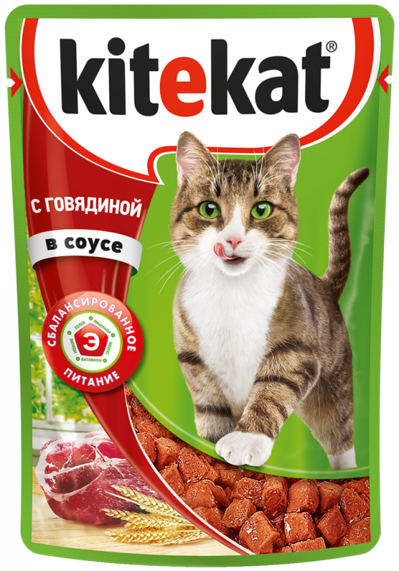 Корм консервированный для кошек KITEKAT с сочными кусочками говядины в соусе, 85г