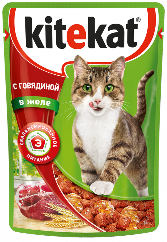 Корм консервированный для кошек KITEKAT с сочными кусочками говядины в желе, 85г