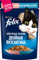 Корм консервированный для взрослых кошек FELIX Аппетитные кусочки Двойная вкуснятина с лососем и форелью в желе, 85г