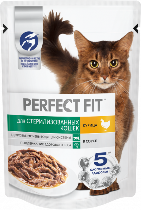 Корм консервированный для взрослых кошек PERFECT FIT Sterile с курицей в соусе, для стерилизованных, 75г