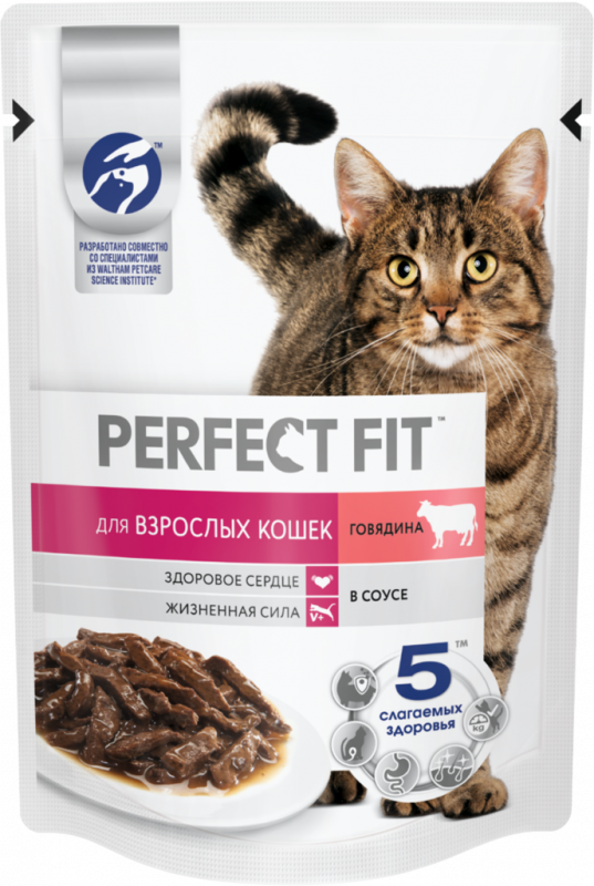 Корм консервированный для взрослых кошек PERFECT FIT Adult с говядиной в соусе, 75г Корм консервированный для взрослых кошек PERFECT FIT Adult с говядиной в соусе, 75г