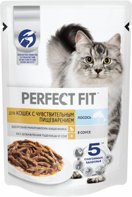 Корм консервированный для взрослых кошек PERFECT FIT Sensitive с лососем в соусе, для чувствительного пищеварения, 75г Корм консервированный для взрослых кошек PERFECT FIT Sensitive с лососем в соусе, для чувствительного пищеварения, 75г