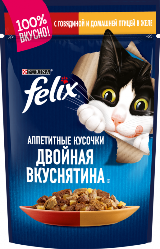 Корм консервированный для взрослых кошек FELIX Аппетитные кусочки Двойная вкуснятина с говядиной и домашней птицей в желе, 85г