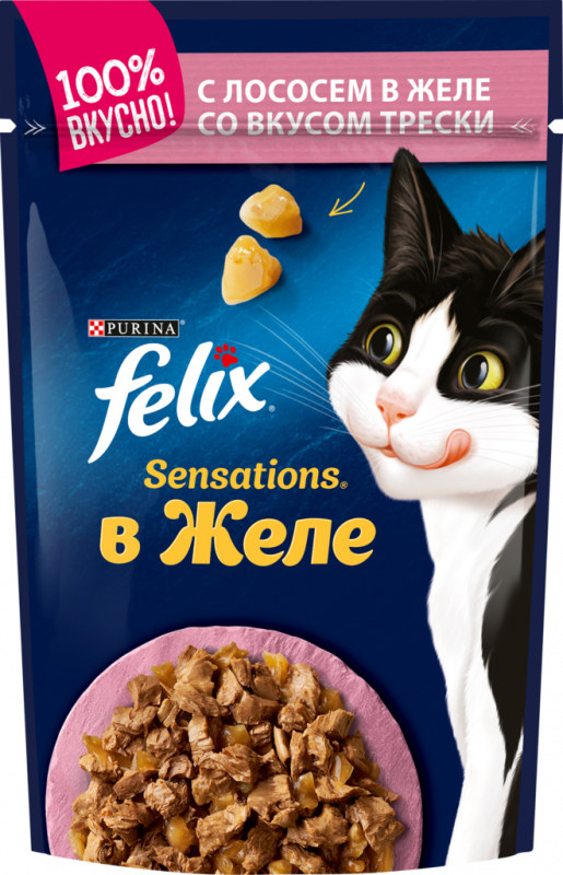 Корм консервированный для взрослых кошек FELIX Sensations с лососем в желе с добавлением трески, 85г