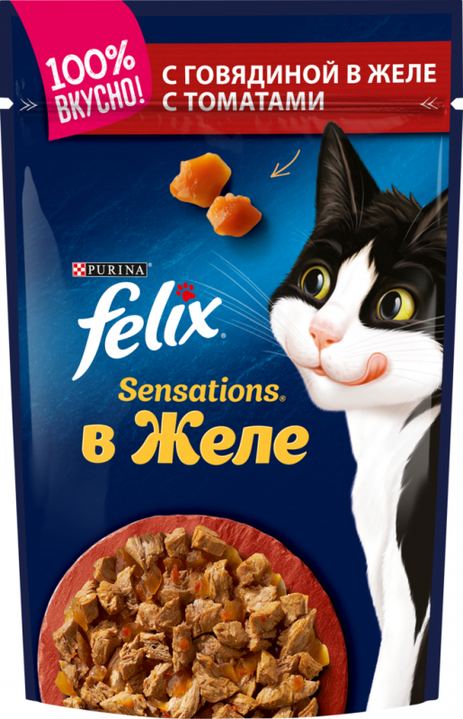 Корм консервированный для взрослых кошек FELIX Sensations с говядиной в желе с томатами, 85г Корм консервированный для взрослых кошек FELIX Sensations с говядиной в желе с томатами, 85г