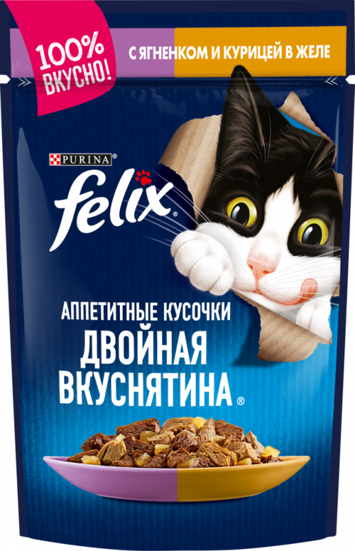 Корм консервированный для взрослых кошек FELIX Аппетитные кусочки Двойная вкуснятина с ягненком и курицей в желе, 85г