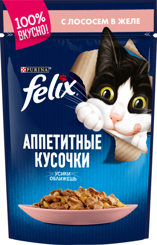 Корм консервированный для взрослых кошек FELIX Аппетитные кусочки с лососем в желе, 85г Корм консервированный для взрослых кошек FELIX Аппетитные кусочки с лососем в желе, 85г