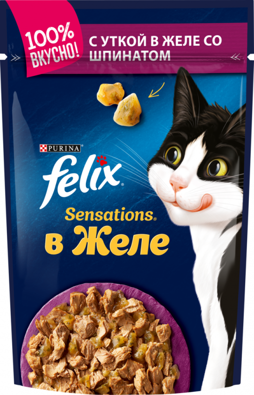 Корм консервированный для взрослых кошек FELIX Sensations с уткой в желе со шпинатом, 85г Корм консервированный для взрослых кошек FELIX Sensations с уткой в желе со шпинатом, 85г