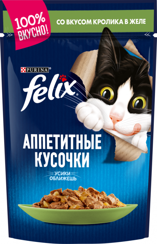 Корм консервированный для взрослых кошек FELIX Аппетитные кусочки с кроликом в желе, 85г