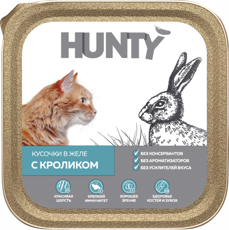 Корм консервированный для взрослых кошек HUNTY с кроликом, кусочки в желе, 100г Корм консервированный для взрослых кошек HUNTY с кроликом, кусочки в желе, 100г