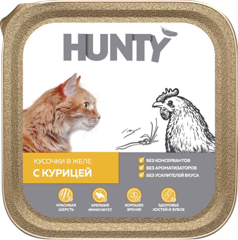 Корм консервированный для взрослых кошек HUNTY с курицей, кусочки в желе, 100г Корм консервированный для взрослых кошек HUNTY с курицей, кусочки в желе, 100г