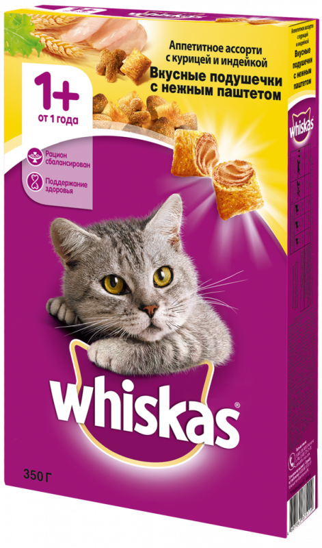 Корм сухой для взрослых кошек WHISKAS Вкусные подушечки с нежным паштетом, Аппетитное ассорти с курицей и индейкой, 350г