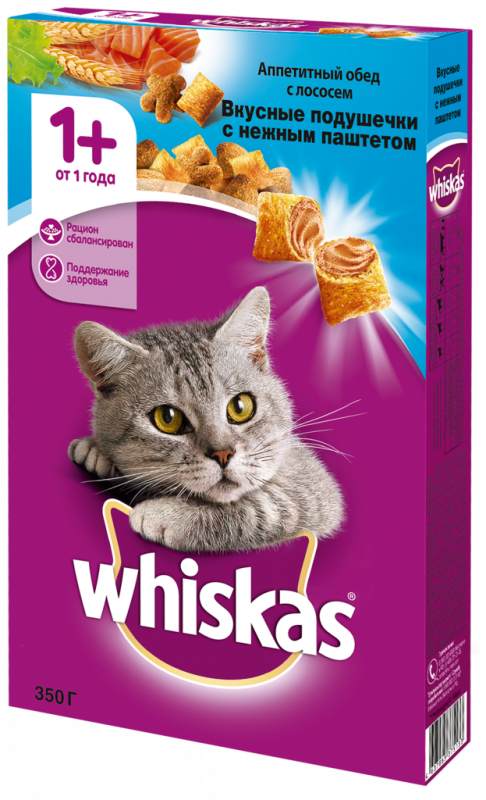 Корм сухой для взрослых кошек WHISKAS Вкусные подушечки с нежным паштетом, Аппетитный обед с лососем, 350г