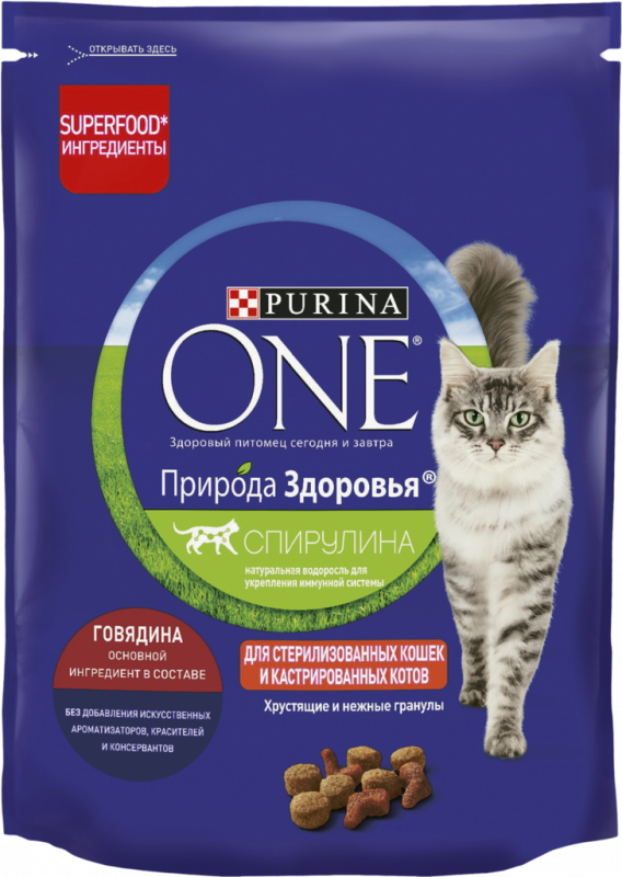 Корм сухой для взрослых кошек PURINA ONE Природа здоровья с высоким содержанием говядины, для стерилизованных и кастрированных, 180г