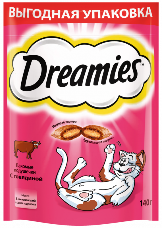 Лакомство для кошек DREAMIES Подушечки с говядиной, 140г