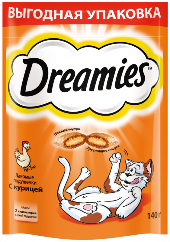 Лакомство для кошек DREAMIES Подушечки с курицей, 140г