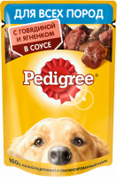 Корм консервированный для взрослых собак PEDIGREE с говядиной и ягненком в соусе, для всех пород, 85г