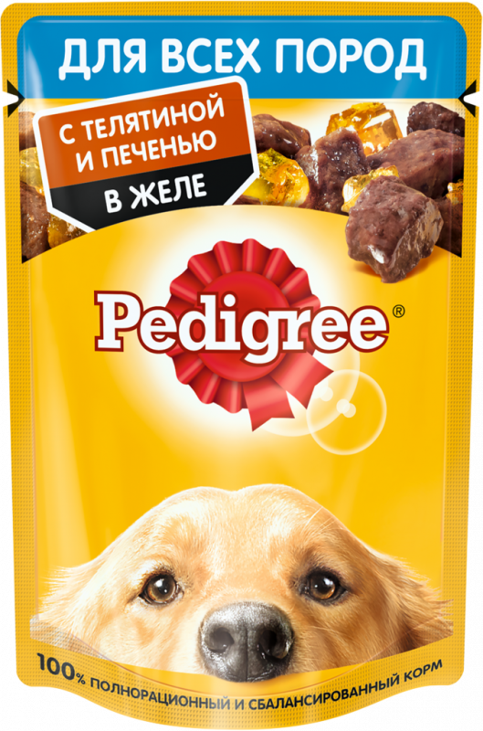 Корм консервированный для взрослых собак PEDIGREE желе с телятиной и печенью, для всех пород, 85г