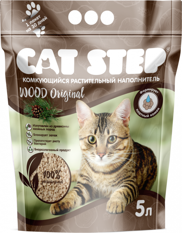 Наполнитель растительный для кошачьего туалета CAT STEP Wood Original комкующийся, 5л