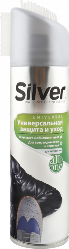 Спрей для всех видов кожи и текстиля SILVER Universal Универсальная защита и уход 3в1, с щеткой, 250мл Спрей для всех видов кожи и текстиля SILVER Universal Универсальная защита и уход 3в1, с щеткой, 250мл