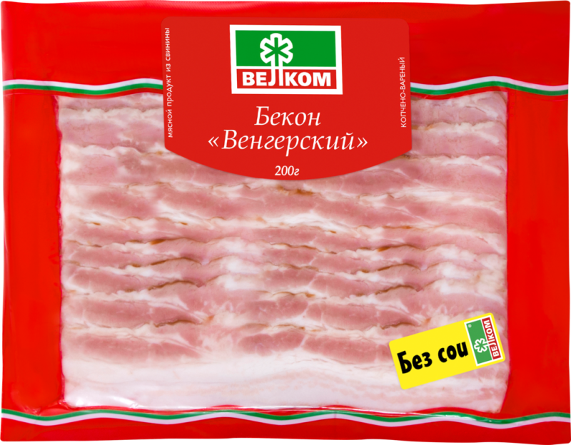 Бекон копчено-вареный ВЕЛКОМ Венгерский, нарезка, 200г