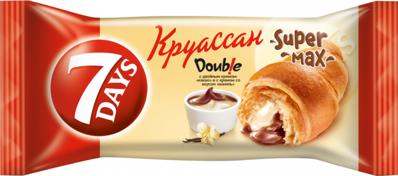 Круассан 7DAYS Super Max Double с двойным кремом какао и ваниль, 110г Круассан 7DAYS Super Max Double с двойным кремом какао и ваниль, 110г