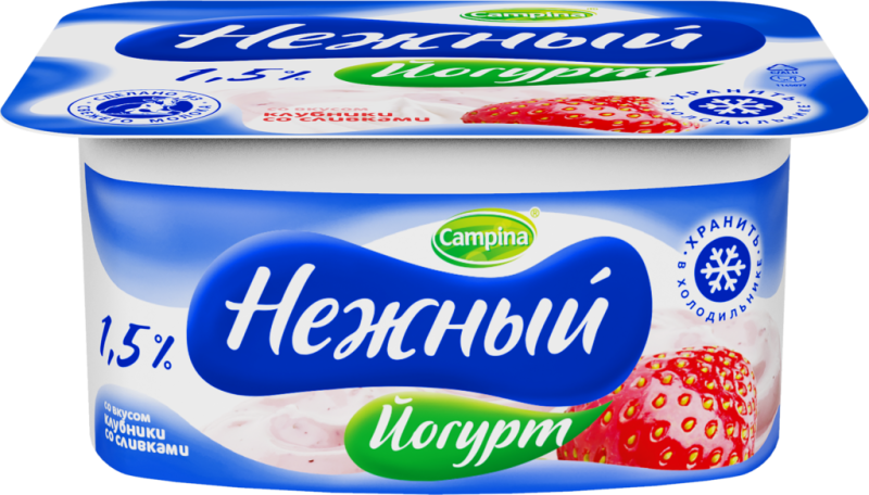 Йогурт НЕЖНЫЙ со вкусом клубники со сливками 1,5%, без змж, 100г