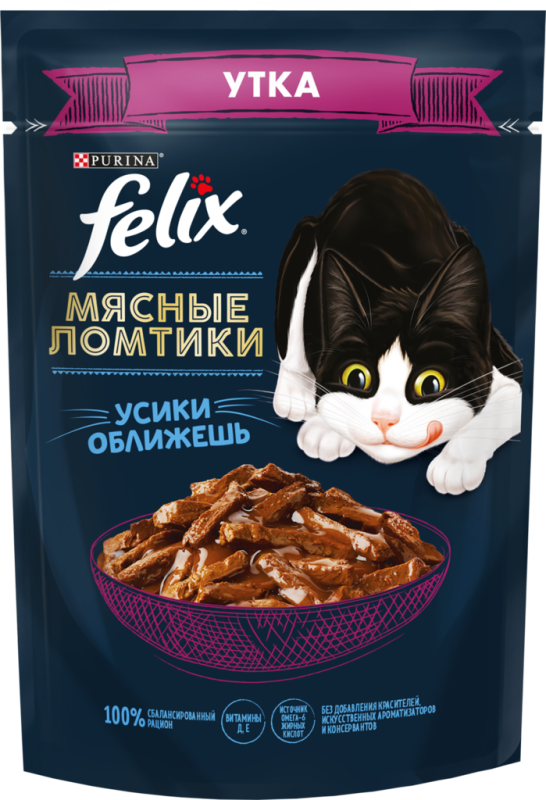 Корм консервированный для взрослых кошек FELIX Мясные ломтики с уткой, 75г