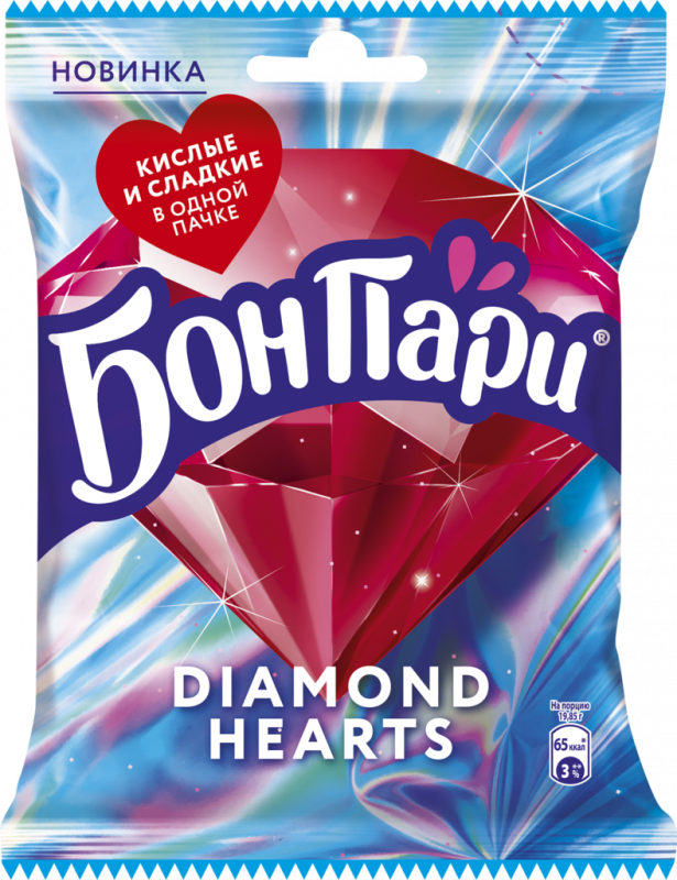 Мармелад жевательный БОН ПАРИ Diamond Hearts с кислым и сладким вкусами, 65г