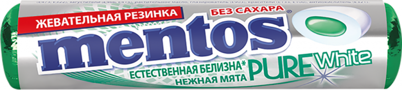 Жевательная резинка MENTOS Pure white со вкусом нежной мяты, 15,5г