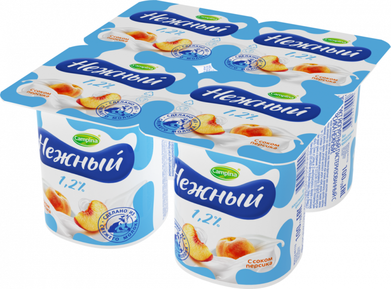 Продукт йогуртный CAMPINA Нежный с соком персика 1,2%, без змж, 4x100г